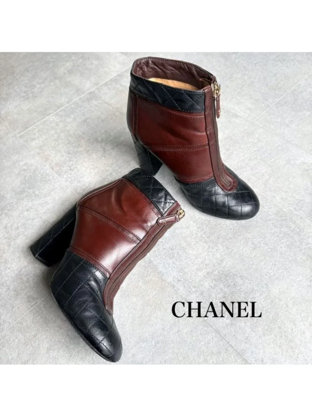 Chanel Quilted Coco Mark Zip Up Boots Leather Brown Black Bicolor 37 C 24 cm